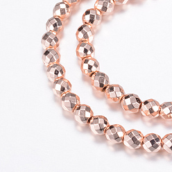 Rose Gold Plated Electroplate Non-magnetic Synthetic Hematite Bead Strands, Round, Faceted, Rose Gold Plated, 2mm, Hole: 1mm, about 200pcs/strand, 15.7 inch