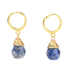 Lapis Lazuli Brass Huggie Hoop Earrings, with Wire Wrapped Faceted Natural Lapis Lazuli Pendants, Teardrop, Golden, 33.5~34mm, Pin: 1mm