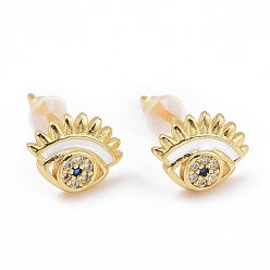 White Cubic Zirconia Evil Eye Stud Earrings with Enamel, Gold Plated Brass Jewelry for Women, Cadmium Free & Lead Free, White, 7.5x10mm, Pin: 0.8mm