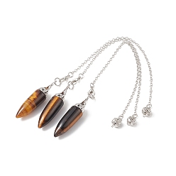 Тигровый глаз Подвесные маятниковые подвески с тигровым глазом, пулевые чары, латунная фурнитура с платиновым покрытием, 240x2.5 мм, отверстие : 1.7 мм