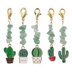 Green Alloy Enamel Pendant Decorations, with Natural Green Aventurine Chip Beads, Cactus, Green, 67~77mm