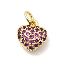 Средний Фиолетово-красный Латунные микро проложить кубического циркония подвески, сердце прелести, без кадмия и без свинца, стойки покрытие, долговечный, реальный 18 k позолоченный, с целью перехода в кольце, средне фиолетовый красный, 10.5x9.5x5.5 мм, отверстие : 3.5 мм