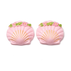 Pink Opaque Resin Cabochons, Shell Shape with Flower, Pink, 21x22x7mm