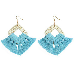 Blue Bohemian Style Cotton Tassel Fan-shaped Earrings for Beach Vacation