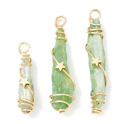 Golden Electroplated Raw Rough Natural Quartz Crystal Copper Wire Wrapped Pendants, Green Plated Teardrop Charms with Bras Star Beads, Golden, 28~40x7.5~10x10~11mm, Hole: 3.5mm