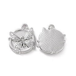 Platinum Alloy Crystal Rhinestone Pendants, Flat Round with Butterfly Charms, Platinum, 17.5x15x3mm, Hole: 1.6mm
