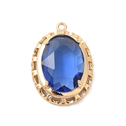 Capri Blue Brass with K9 Glass Pendants, Golden Oval Charms, Capri Blue, 26x19x7mm, Hole: 1.6mm