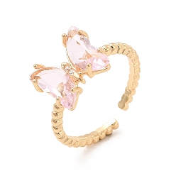Light Rose K9 Glass Butterfly Open Cuff Ring, Light Gold Brass Jewelry for Women, Light Rose, US Size 5 1/2(16.1mm)