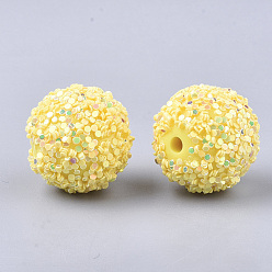 Yellow Acrylic Beads, Glitter Beads,with Sequins/Paillette, Round, Yellow, 12x11mm, Hole: 2mm