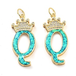 Letter Q Латунные микропаве прозрачные подвески с фианитом, с синтетическим опалом, реальный 18 k позолоченный, с целью перехода в кольце, Буква Q, 26.5~33x14~23.5x3.5~4.5 мм, отверстие : 4.5 мм