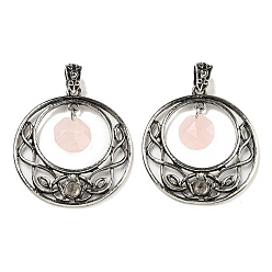 Розовый Кварц Ограненные восьмиугольные подвески из натурального розового кварца, антикварные серебряные тона, полые плоские круглые подвески из сплава с покрытием, без свинца и без кадмия, 44x40x5 мм, отверстие : 4.5x6 мм