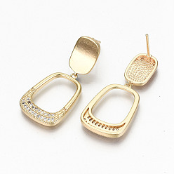 Real 18K Gold Plated Brass Micro Pave Clear Cubic Zirconia Dangle Stud Earrings, Nickel Free, Trapezoid, Real 18K Gold Plated, 35.5x16mm, Pin: 0.7mm
