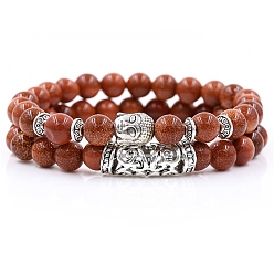 Mixed Goldstone 2Pcs 2 Style Synthetic Mixed Goldstone Stretch Bracelets Set with Alloy Buddha Head, Gemstone Jewelry for Women, 7~1/4~7-1/2 inch(18.5~19cm), 1Pc/style