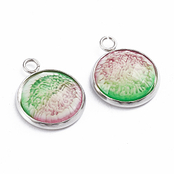 Colorful Printed Resin Pendants, with 304 Stainlesss Steel Settings, Half Round, Faceted, Sea Coral Pattern, Stainless Steel Color, Colorful, 19.5x16x4.5mm, Hole: 2.4mm