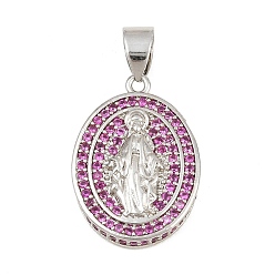 Violeta Micro latón allanan colgantes cúbicos del zirconia, óvalo con dijes de virgen maría, sin plomo y cadmio, chapado en rack, larga duración plateado, Platino, violeta, 21.5x16x4 mm, agujero: 4x6 mm