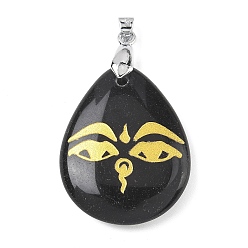 Обсидиан Природные подвески обсидиана, с реечной обшивкой латунными выводами, без кадмия и без свинца, очарование слезы, 31x25x5~7 мм, отверстие : 4.5x4 мм