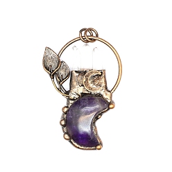 Amethyst Natural Amethyst Metal Big Pendants, Moon Charms with Faceted Bullet, Antique Bronze, 67x47mm