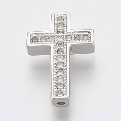 Platinum Brass Micro Pave Cubic Zirconia Beads, Cross, Clear, Platinum, 15.5x10x2.5mm, Hole: 1mm