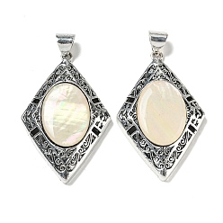 Floral White Natural Paua Shell Big Pendants, Antique Silver Plated Alloy Rhombus Charms, Floral White, 52x33.5x8mm, Hole: 8x6.5mm