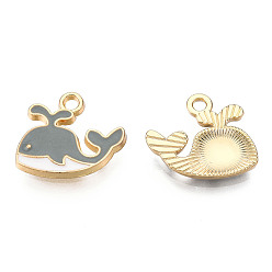 Light Grey Alloy Charms, with Enamel, Whale, Light Gold, Light Grey, 14x15x2mm, Hole: 1.8mm