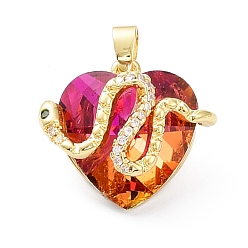 Sandy Brown Real 18K Gold Plated Rack Plating Brass Micro Pave Cubic Zirconia Pendants, with Glass, Long-Lasting Plated, Cadmium Free & Lead Free, Snake with Heart, Sandy Brown, 21x22.5~23x12.5~13.5mm, Hole: 3.5x5mm