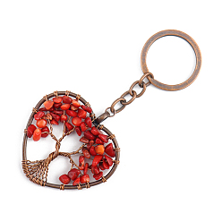 Synthetic Coral Synthetic Coral Pendant Keychains, with Brass Findings and Alloy Key Rings, Heart with Tree of Life, 10.7cm