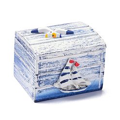 White Wood Box, Flip Cover Box, with Resin Ship, Rectangle, White, 6x7.5x6.4cm