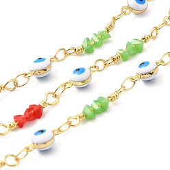 Mixed Color Handmade Brass Enamel Flat Round with Evil Eye Link Chains, Glass Beaded Chains, Real 18K Gold Plated, Soldered, with Spool, Cadmium Free & Lead Free, Mixed Color, Evil Eye: 9x4.5x3.5mm, Glass Bead Link: 15x2~3x2~3mm