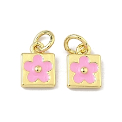 Pink Латунь эмаль подвески, квадратные и цветочные подвески, долговечный, стойки покрытие, без свинца и без кадмия, реальный 18 k позолоченный, розовые, 10x7x2 мм, Перейти кольцо: 5.5x1 мм, 3 мм внутренним диаметром