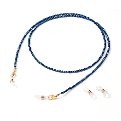 Blue Eyeglasses Chains, Neck Strap for Eyeglasses, with Glass Beads, Brass Beads, Alloy Lobster Claw Clasps and Rubber Loop Ends, Blue, 28.9 inch(73.5cm), 3mm