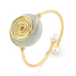 Real 14K Gold Plated Natural Jadeite Open Cuff Ring with Pearl Beaded, Brass Wire Wrapped Vortex Ring for Wome, Real 14K Gold Plated, US Size 11(20.6mm)