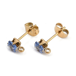 Светло-Голубой Ионное покрытие (ip) 304 фурнитура для сережек-гвоздиков из нержавеющей стали с кубическим цирконием, квадратный, Небесно-голубой, 6x4.5 мм, отверстие : 1.5 мм, штифты : 0.8 мм