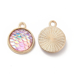 Clear Alloy Resin Pendants, AB Color, Flat Round Charms with Scales Pattern, Golden, Clear, 17x13.7x4mm, Hole: 1.8mm