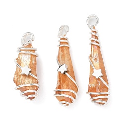 Platinum Electroplated Raw Rough Natural Quartz Crystal Copper Wire Wrapped Pendants, Copper Plated Teardrop Charms with Brass Star Beads, Platinum, 29~35x8~10x7~10.5mm, Hole: 3.5mm