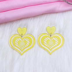 Yellow Valentine's Day Heart Acrylic Dangle Stud Earrings, Yellow, 51x45mm