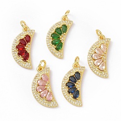 Mixed Color Rack Plating Brass Micro Pave Cubic Zirconia Pendants, with Jump Ring, Cadmium Free & Lead Free, Long-Lasting Plated, Golden, Moon, Mixed Color, 25x12x3.5mm, Hole: 3.5mm, Jump Ring: 6x1mm, 3.5mm Inner Diameter