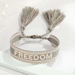 Grey Powder FREEDOM Embroidered Tassel Bracelet with Personalized Alphabet Design - Fashionable Couple's Wristband in Multiple Styles