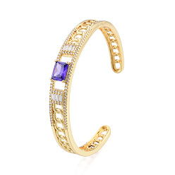 Medium Purple Cubic Zirconia Rectangle Open Cuff Bangle, Golden Brass Jewelry for Women, Nickel Free, Medium Purple, Inner Diameter: 2-1/8 inch(5.4cm)