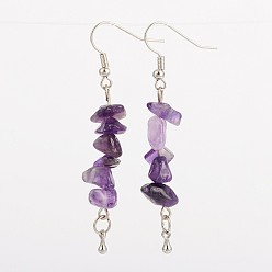 Amethyst Dangling Amethyst Cluster Earrings, with Alloy Findings and Brass Earring Hooks, Platinum, 62mm, Pin: 0.7mm