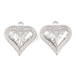 Platinum Brass Pendants, Heart with Flower & Leaf Charms, Rack Plating, Long-Lasting Plated, Lead Free & Cadmium Free, Platinum, 34x30.5x11mm, Hole: 2.5mm