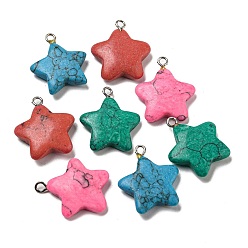 Mixed Color Synthetic Turquoise Pendants, Star Charms with Platinum Tone Iron Loops, Dyed, Mixed Color, 21~22x18~18.5x5~5.5mm, Hole: 1.8mm