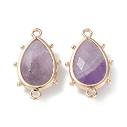 Amethyst Natural Amethyst Connector Charms, with Golden Plated Brass Edge Loops, Faceted, Teardrop, 24x14.5x5mm, Hole: 1.2mm & 1.4mm