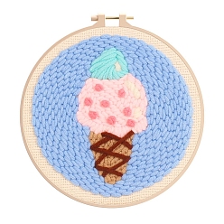Pink Ice Cream Pattern Punch Embroidery Beginner Kits, including Embroidery Fabric & Hoop & Yarn, Punch Needle Pen, Threader, Instruction, Pink, 150mm