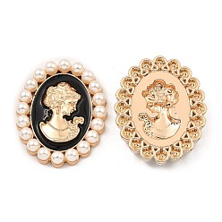 Black Zinc Alloy Enamel Cabochons, with Plastic Imitation Pearls, Oval with Woman, Light Gold, Black, 53x42x7.5mm