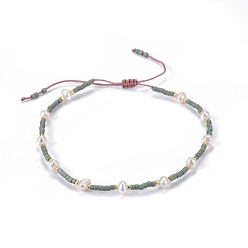 Dark Sea Green Adjustable Nylon Cord Braided Bead Bracelets, with Japanese Seed Beads and Pearl, Dark Sea Green, 1-3/4 inch~2-3/4 inch(4.6~7cm)