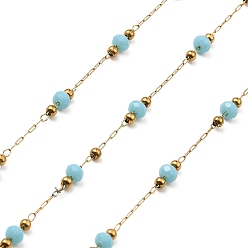Light Sky Blue Rondelle Glass Beaded Link Chains, with Golden 304 Stainless Steel Paperclip Chains, Soldered, with Spool, Light Sky Blue, 3x2.5mm, 2mm, about 32.81 Feet(10m)/Roll