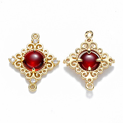 Dark Red Glass Links connectors, with Eco-Friendly Alloy Open Back Berzel Findings and Clear Cubic Zirconia, Rhombus, Nickel Free, Light Gold, Dark Red, 23.5x19x4.5mm, Hole: 1.2mm