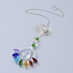Colorful Crystals Chandelier Suncatchers Prisms Chakra Hanging Pendant, with Iron Cable Chains, Glass Beads, Glass Rhinestone and Brass Pendants, Heart with Teardrop, Colorful, 350mm