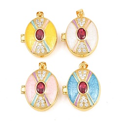 (52) Непрозрачная лаванда Подвески латуни медальон, с эмалью, стеклом и кубическим цирконием, без кадмия и без свинца, реальный 18 k позолоченный, стойки покрытие, долговечный, овальные амулеты, разноцветные, 26.5x21x9 мм, отверстие : 3x5 мм