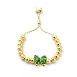 Vert Bracelets coulissants à perles rondes en laiton plaqué en rack pour femmes, bracelets réglables papillon en verre plaqué longue durée, sans nickel et sans plomb, réel 18 k plaqué or, verte, diamètre intérieur : 1-1/2~2-7/8 pouces (3.7~7.2 cm)